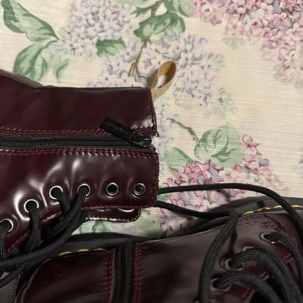 Dr. Martens Burgundy Leather Combat Ankle Boots Lace-Up Side Zip Round Toe